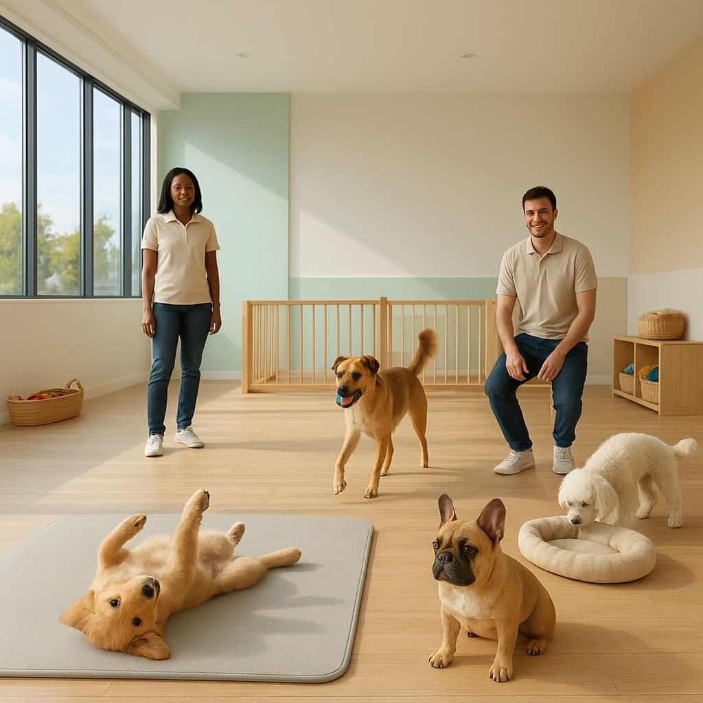 Helle Hundetagesbetreuung mit ruhigem Spiel unter Aufsicht